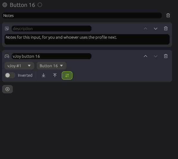 A description note above a Map to vJoy action