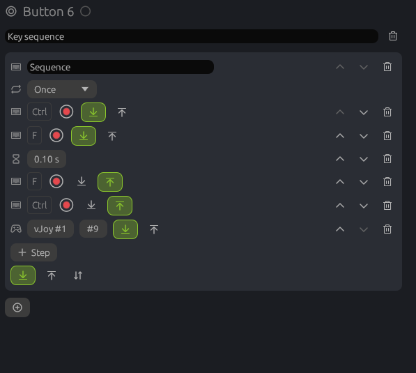 Macro: Ctrl and F down, a pause, F and Ctrl up, then vJoy button 9