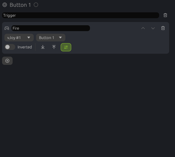 Map to vJoy: vJoy device 1, button 1, not inverted, runs on press and release