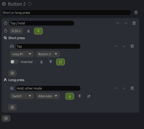 Tempo action editor: a short press and a long press, each with its own actions