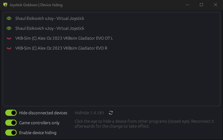 Device hiding window: two flight sticks are hidden, the vJoy devices are visible