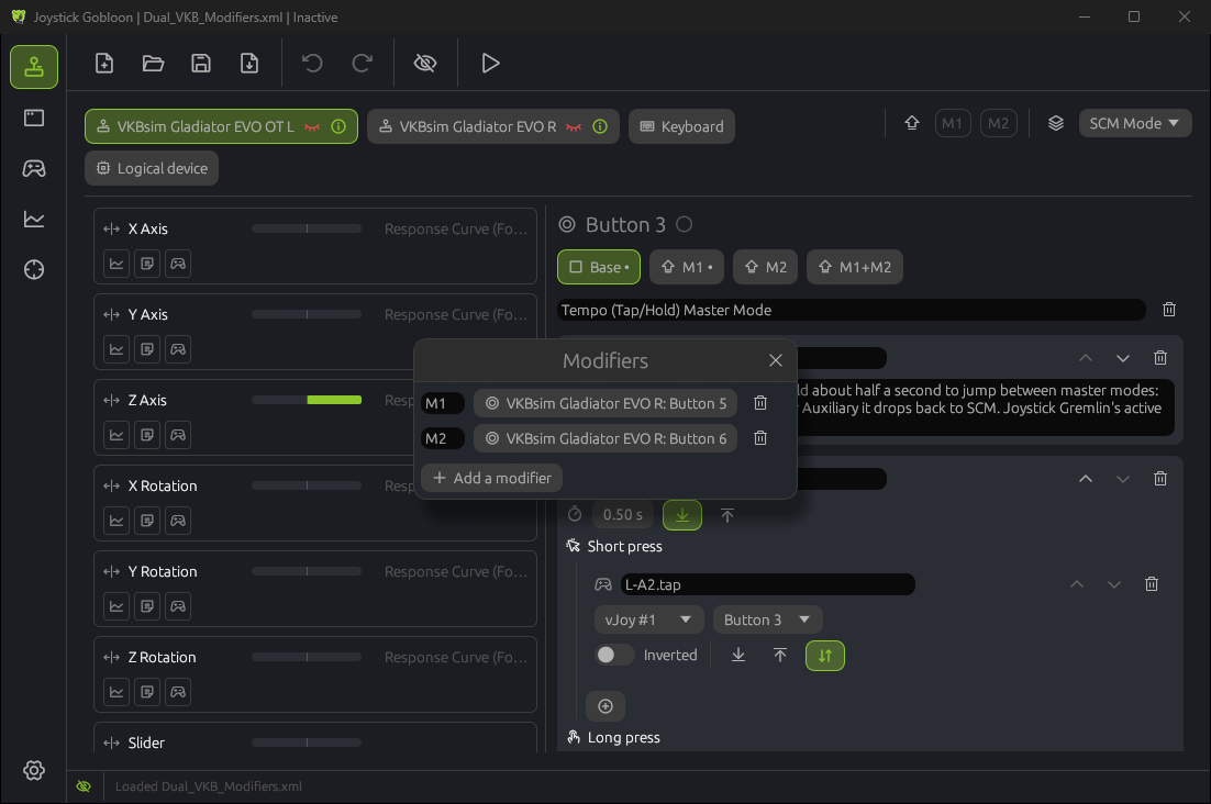 Layers Base, M1, M2 and M1 plus M2 above the actions of a button, next to the Modifiers window