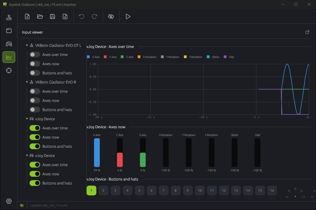 Input viewer: axes over time, current axis values, buttons and hats of a vJoy device