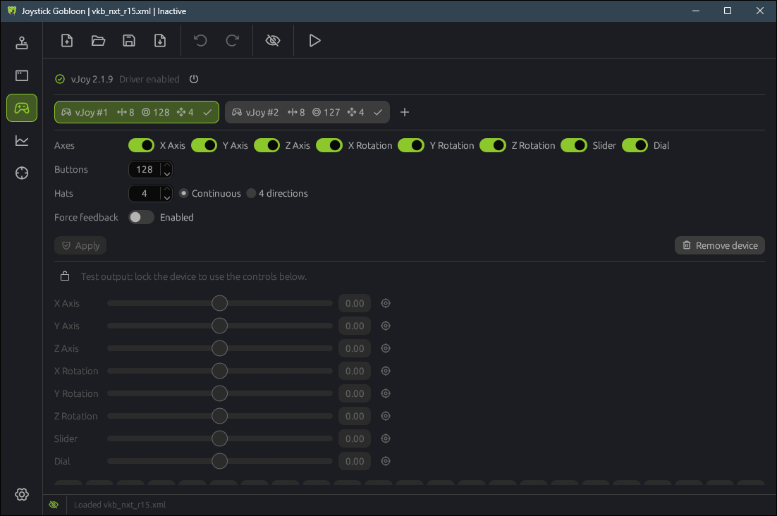 vJoy page: device tabs, the device editor and the output tester